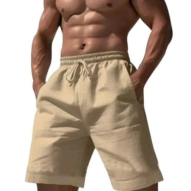 HCNTES Men Casual Summer Beach Shorts Elastic Waist Drawstring Flat Front Short(Khaki,L)