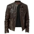 HCNTES Men Leather Zip Up Jacket Stand Collar Leather Motorcycle Jacket