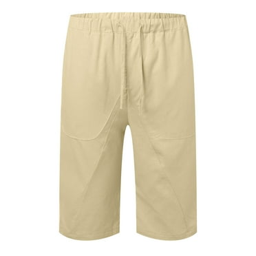 HCNTES Men Shorts Elastic Waist Drawstring Cotton Shorts with Pockets Loose Fit Summer Beach Shorts (Beige,XL)
