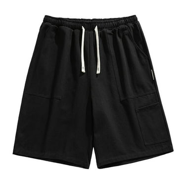 HCNTES Men Shorts Elastic Waist Drawstring Cotton Shorts with Pockets Loose Fit Summer Beach Shorts(Black,3XL)