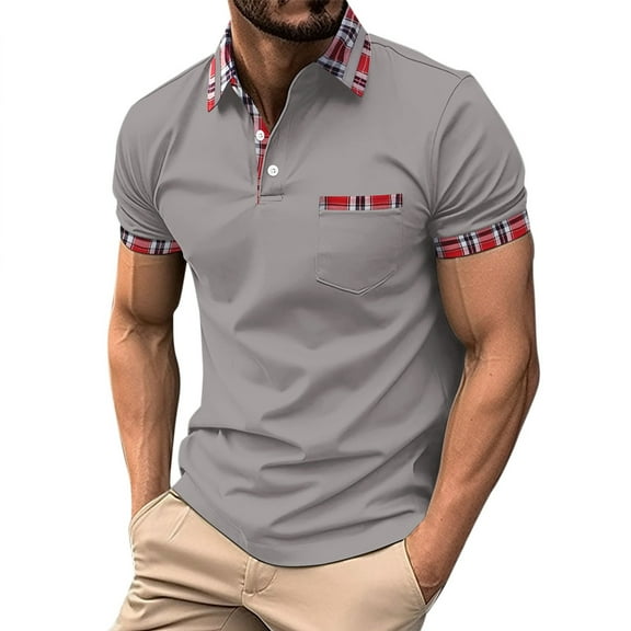 HCNTES Men Summer Solid Color Pocket Lapel Polo Shirts Fashion Simple Comfortable Breathable Polo Shirts(GY2,3XL)