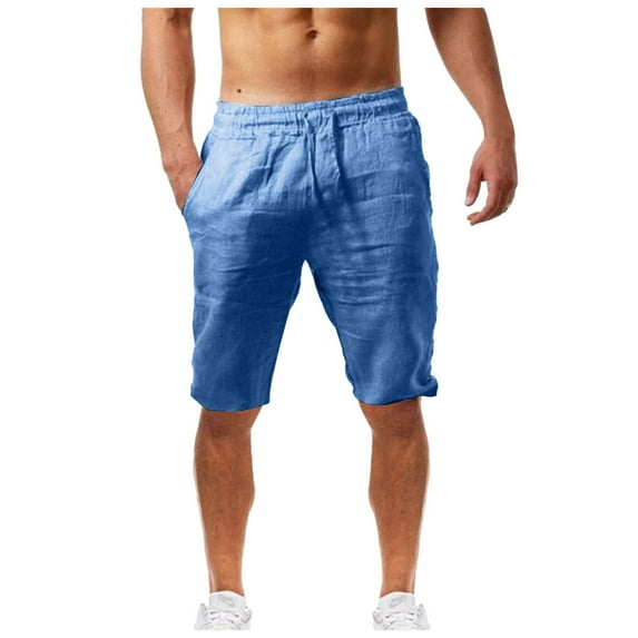 HCNTES Men's Casual Hawaiian Shorts Elastic Waist Drawstring Lightweight Cotton Linen Shorts Summer Beach Vacation Shorts(Blue,S)