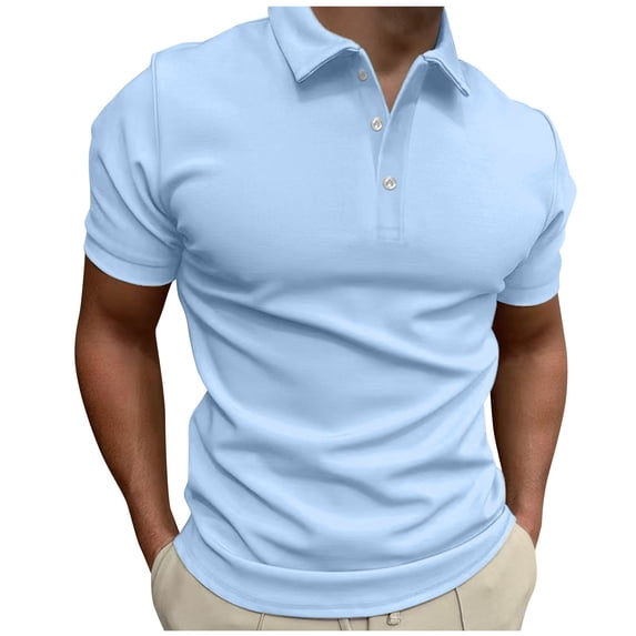 HCNTES Men's Casual Polo Shirts Classic Button Basic Short Sleeve Shirt Solid Color Tees Golf Stylish Tops(Light Blue,M)