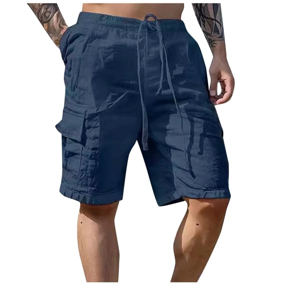 HCNTES Men’s Linen Short Elastic Waist Casual Summer Beach Shorts(Navy,3XL)