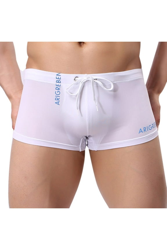 Men's Square Leg Swim Briefs Printed Swimsuit Athletic Swimwear Bathing Suit Swimming Trunks,L White