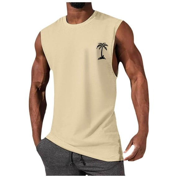 HCNTES Men's Workout Tank Tops Cotton Gym Cut Off Sleeveless T Shirt Bodybuilding Fitness Muscle Athletic Tank Tops(Beige,XXL)