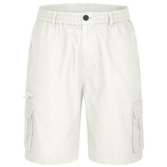 HCNTES Mens Cargo Shorts Casual Cotton Loose Fit Lightweight with Multi Pockets Shorts Elastic Waist Stretch Golf Shorts(White,L)