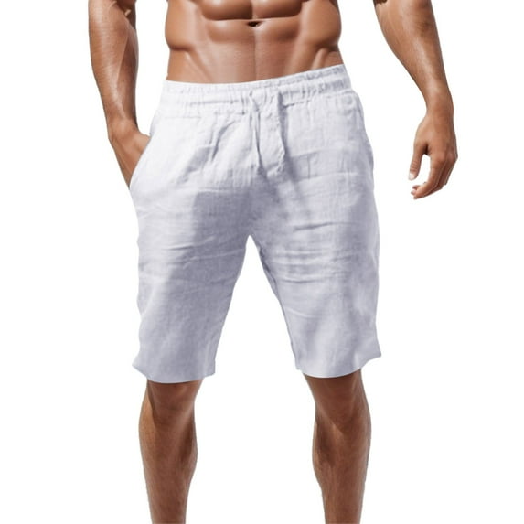 HCNTES Men's Linen Casual Classic Drawstring Summer Beach Shorts with Pockets(White,M)
