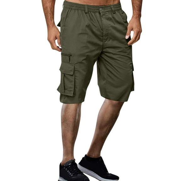 HCNTES Men's Cotton Shorts Cargo Elastic Waist Drawstring Summer Beach Shorts（Z03-Army Green,M)