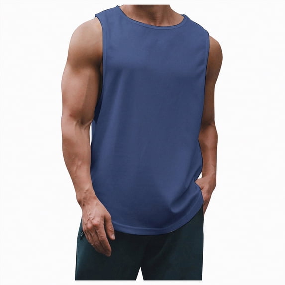 HCNTES Mens Cotton Sleeveless Tank Tops Cut Off Muscle Gym T Shirts Running Beach Loose Fit Tees(Navy,XXXL)