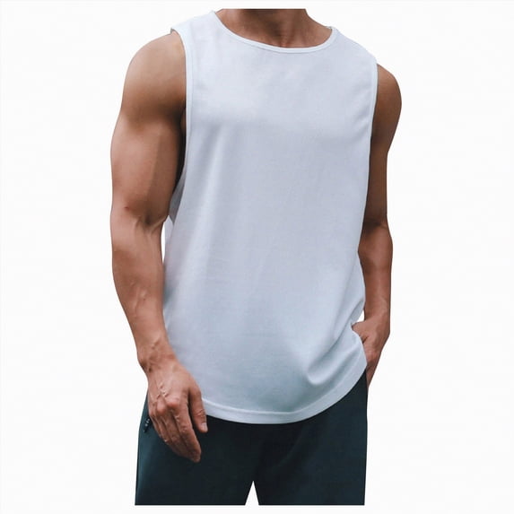 HCNTES Mens Cotton Sleeveless Tank Tops Cut Off Muscle Gym T Shirts Running Beach Loose Fit Tees(White,M)