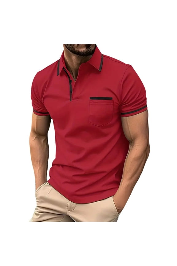 mens shirts Men Summer Solid Stand Collar Short Sleeve Casual Loose Shirt Top polo shirts for men(Red,S)