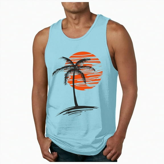 HCNTES Mens Graphic Tank Tops Sleeveless Muscle Shirts Beach Hawaiian Patriotic Tank Tops beach theme tanks for men(XXL,Light Blue)