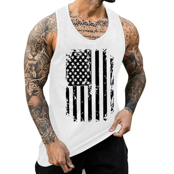 HCNTES Mens Independence Day Summer Tank Top Breathable Large Size Casual Sleeveless Top Loose Partial Print Tank Top(L,White)