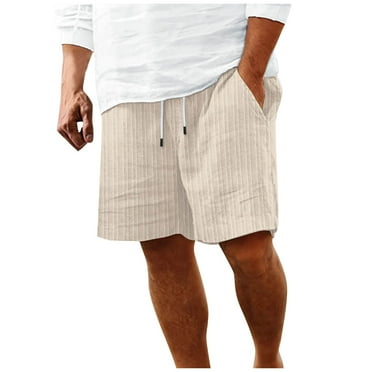 HCNTES Mens Linen Plaid Bermuda Shorts Pattern Jogger Shorts Summer Straight Drawstring Beach Short with Pockets(Beige,M)