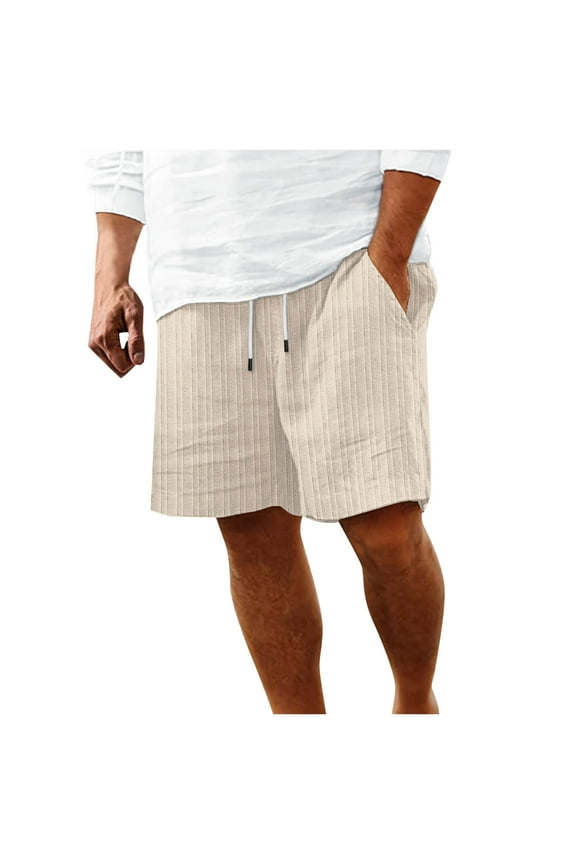 Mens Linen Plaid Bermuda Shorts Pattern Jogger Shorts Summer Straight Drawstring Beach Short with Pockets(Beige,M)