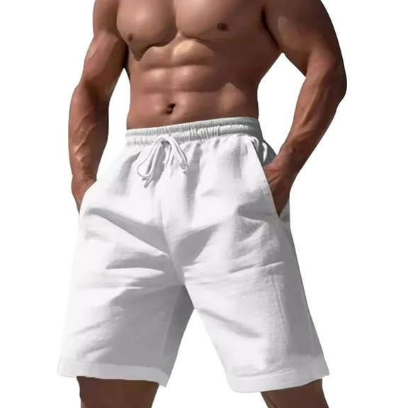HCNTES Mens Casual Linen Shorts Flex Drawstring Elastic Waist Summer Beach Shorts with Pockets(White,XS)