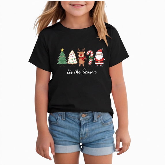 HCNTES Merry Christmas Shirt Toddler Girls T-Shirts Short Sleeve Funny Xmas Graphic Shirt for Girls 18 24 Months 2t 3t 4t 5t 6t 7t Tee Holiday Casual Family Party Matching Tops
