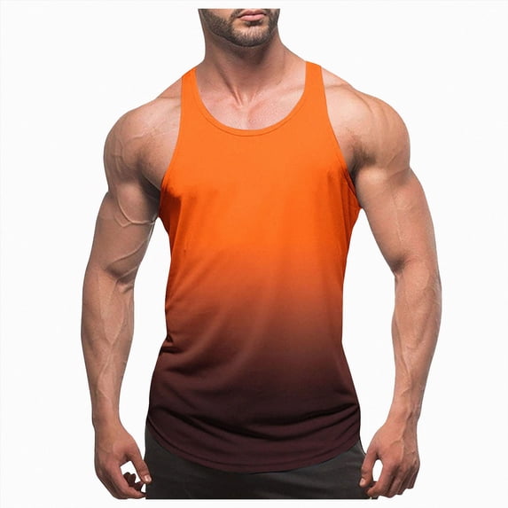 HCNTES Muscle Sleeveless Shirts for Men Cotton Summer Plain Gym Workout Tank Tops Crewneck Solid Loose Fit Hippie Tanks men shorts under $10(L,Orange)