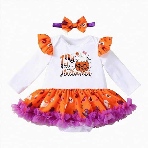 HCNTES My 1st Halloween Baby Girl Outfits Letter Pumpkin Print Romper Suspender Skirts Headband Socks(Style1-Beige,6-9 Months)