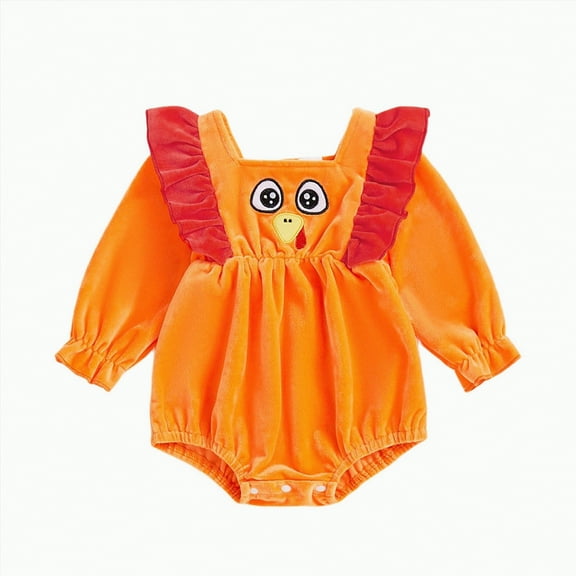HCNTES My First Thanksgiving Baby Girl Outfits Turkey Embroidery Long Sleeve Romper Jumpsuit Fall Clothes(6-12 Months,F102-Orange)