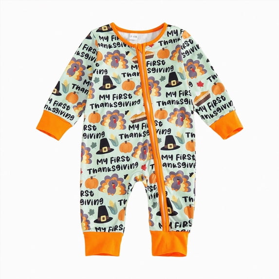 HCNTES Newborn Baby Girl Boy Fall Seasonal/Thanksgiving Outfit Long Sleeve Pumpkin/Turkey Romper Zipper Jumpsuit 0-12M (Green,6-12 Months)