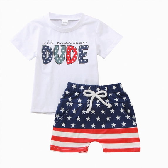 HCNTES 4th of July Outfit forBaby Boy 6 12 18 24 Months 2T 3T All American DudeGraphic T-Shirt & Star Striped Shorts 2-Piece Independence Day Clothes Set