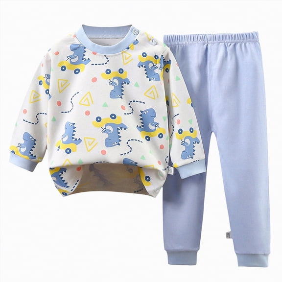 HCNTES Pajamas Set for Boys, 2-Piece, Thermal Long Sleeve Shirt, Microfleece Pajama Pants(18-24 Months,a205-Light Blue)