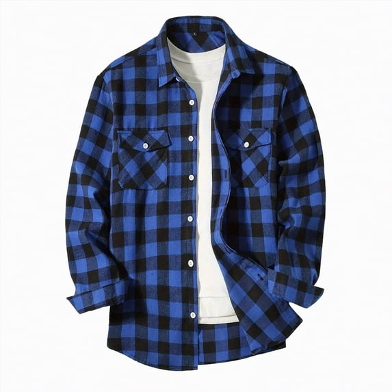 HCNTES Flannel Shirt for Men Long Sleeve Vintage Buttons Down Plaid Shirt with Chest Pocket(Z01-Blue,S)