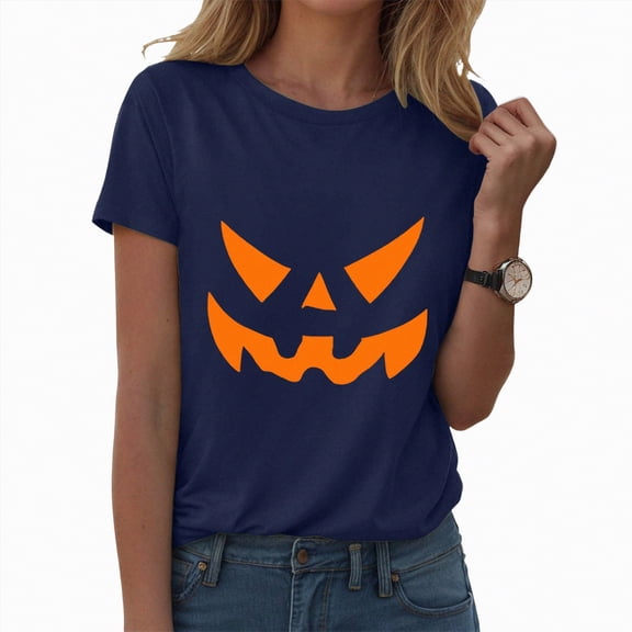 HCNTES Plus Size Halloween Shirt for Women Cute Ghost Graphic T-Shirt Fall Pumpkin Casual Short Sleeve Party Tee Top(L,A123-Navy)