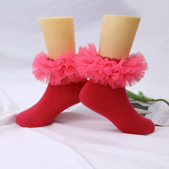 HCNTES Ruffle Socks for Toddler Baby Girls Double Frilly Lace Dress Socks Kids Ankle Tutu Socks(1-3 Years,Hot Pink)