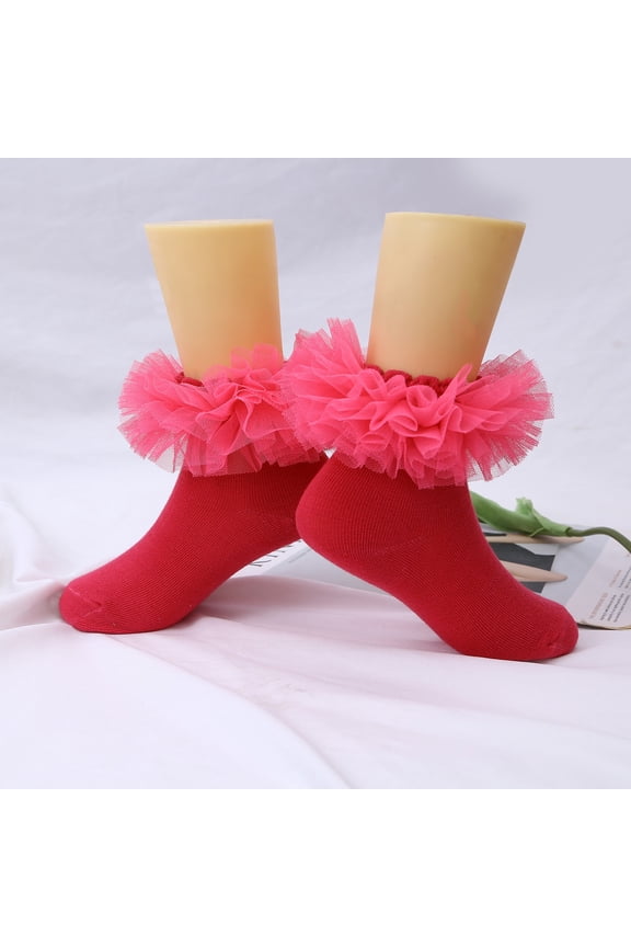 Ruffle Socks for Toddler Baby Girls Double Frilly Lace Dress Socks Kids Ankle Tutu Socks(1-3 Years,Hot Pink)