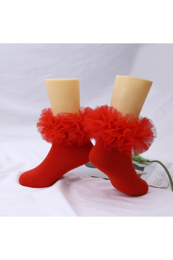 Ruffle Socks for Toddler Baby Girls Double Frilly Lace Dress Socks Kids Ankle Tutu Socks(8-10 Years,Red)