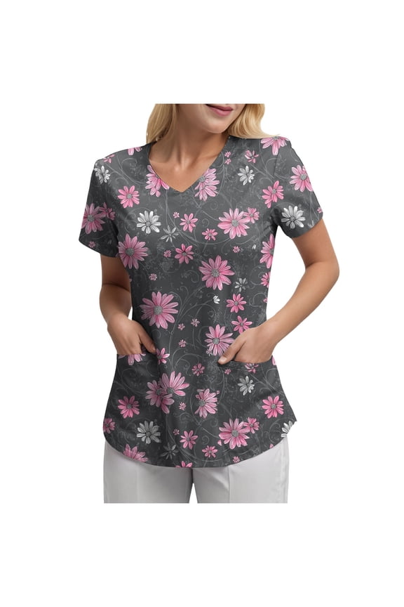 Scrubs Tops for Women V Neck Cute Printed Scrub Tops Women Nurse Shirt Soft Casual Uniform with 2 Pockets(Dark Gray,M)