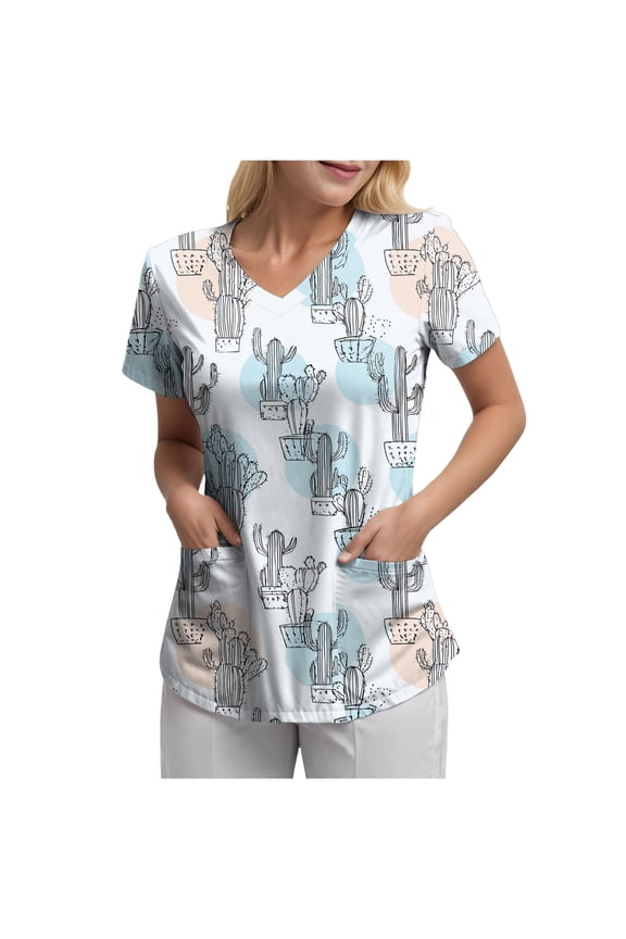 Scrubs Tops for Women V Neck Cute Printed Scrub Tops Women Nurse Shirt Soft Casual Uniform with 2 Pockets(Light Blue,S)