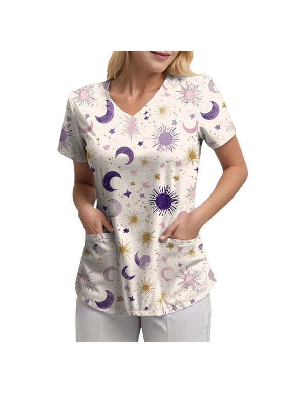Scrubs for Women Tops Print Shirt V Neck Cartoon Pattern Short Sleeve Nursing Uniform with Pockets(Beige,S)