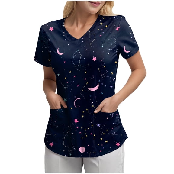 HCNTES Scrubs for Women Tops Print Shirt V Neck Cartoon Pattern Short Sleeve Nursing Uniform with Pockets(Dark Blue,XXL)