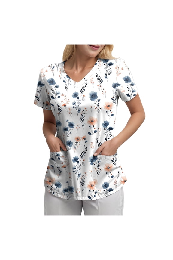 Scrubs for Women Tops Print Shirt V Neck Cartoon Pattern Short Sleeve Nursing Uniform with Pockets(Orange,M)