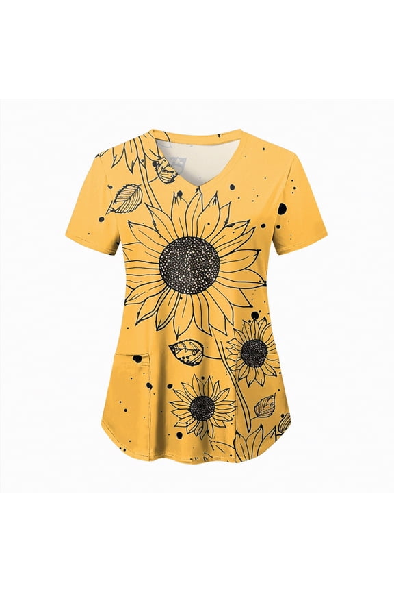 Scrubs for Women V Neck Short Sleeve Print Nursing Uniform Top with Pockets Soft Casual Uniform(Gold,XXL)