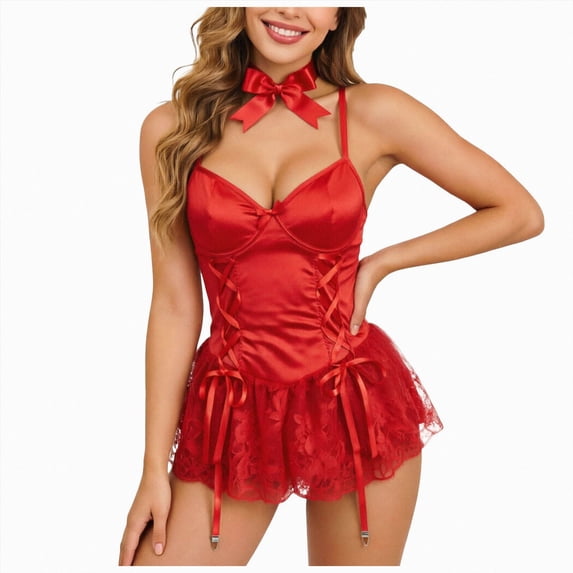 HCNTES Sexy Lingerie for Women Lace Up Corset Bodysuit Underwire Roleplay Set with Garter Belt and Bow Tie (Red,XXL)