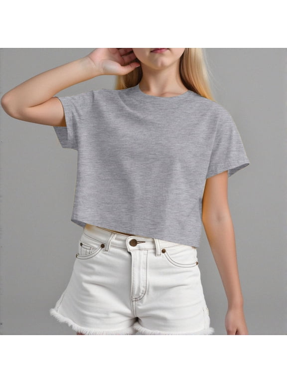Short Sleeve Crop Tops Kids Fashion Oversized Cute Crew Neck Cropped Athletic T Shirts Summer Basic Tees(18-24 Months,Grey)