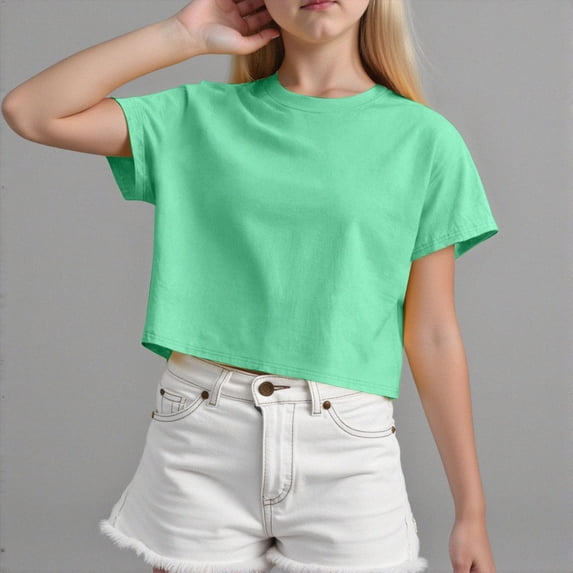 HCNTES Short Sleeve Crop Tops Kids Fashion Oversized Cute Crew Neck Cropped Athletic T Shirts Summer Basic Tees(9-10 Years,Green)