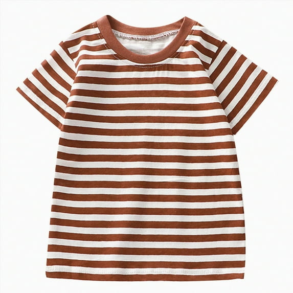 HCNTES Summer Children's Short Sleeved Striped T Shirt Pure Cotton Boys And Girls Top Baby Base Shirt(Brown#@3,5-6 Years)
