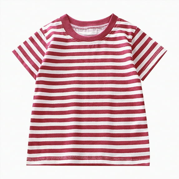 HCNTES Summer Children's Short Sleeved Striped T Shirt Pure Cotton Boys And Girls Top Baby Base Shirt(Wine#@8,6-7 Years)