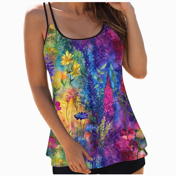 HCNTES Tankini Swimsuits for Women Tummy Control Two Piece Modest Bathing Suits Floral Skirt Top with Boyshorts(XL,a169-Light Purple)