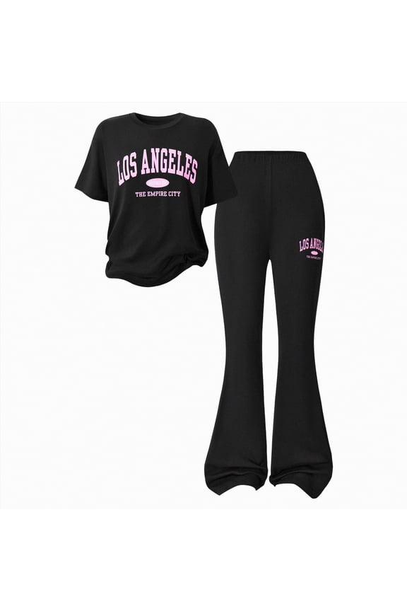 Teen Girls 2 Piece School Outfit Short Sleeve Tee & High Waist Flared Pants Summer Clothing Set Casual Kid Clothes 7-13Y(L04-Black,8-9 Years)