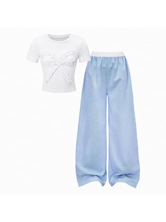 Teen Girls Spring Fall Summer Clothes 2 Piece Outfit Set T-Shirt Top + Cargo Pants Tween Girl School Clothing Set Size 8-12Y(P05-Light Blue,10-11 Years)