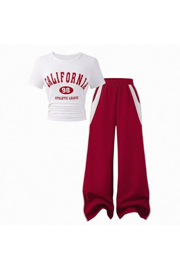 Teen Girls Spring Summer Clothes 2 Piece Outfit Set Girl School Pants and Girl School Shirts Suit Tween Girl Clothing Set Size 7-12T(P08-Red,7-8 Years)