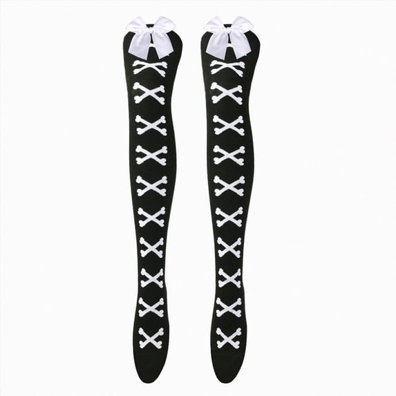 HCNTES Thigh High Socks for Women 3D Bow Bone Pattern Novelty Cute Over Knee High Socks a-White
