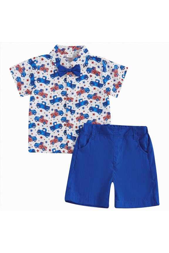 Toddler Baby Boy 4th Of July Outfit Short Sleeve American Flag Bow Tie Button Down Shirt Top Shorts 2Pcs Set